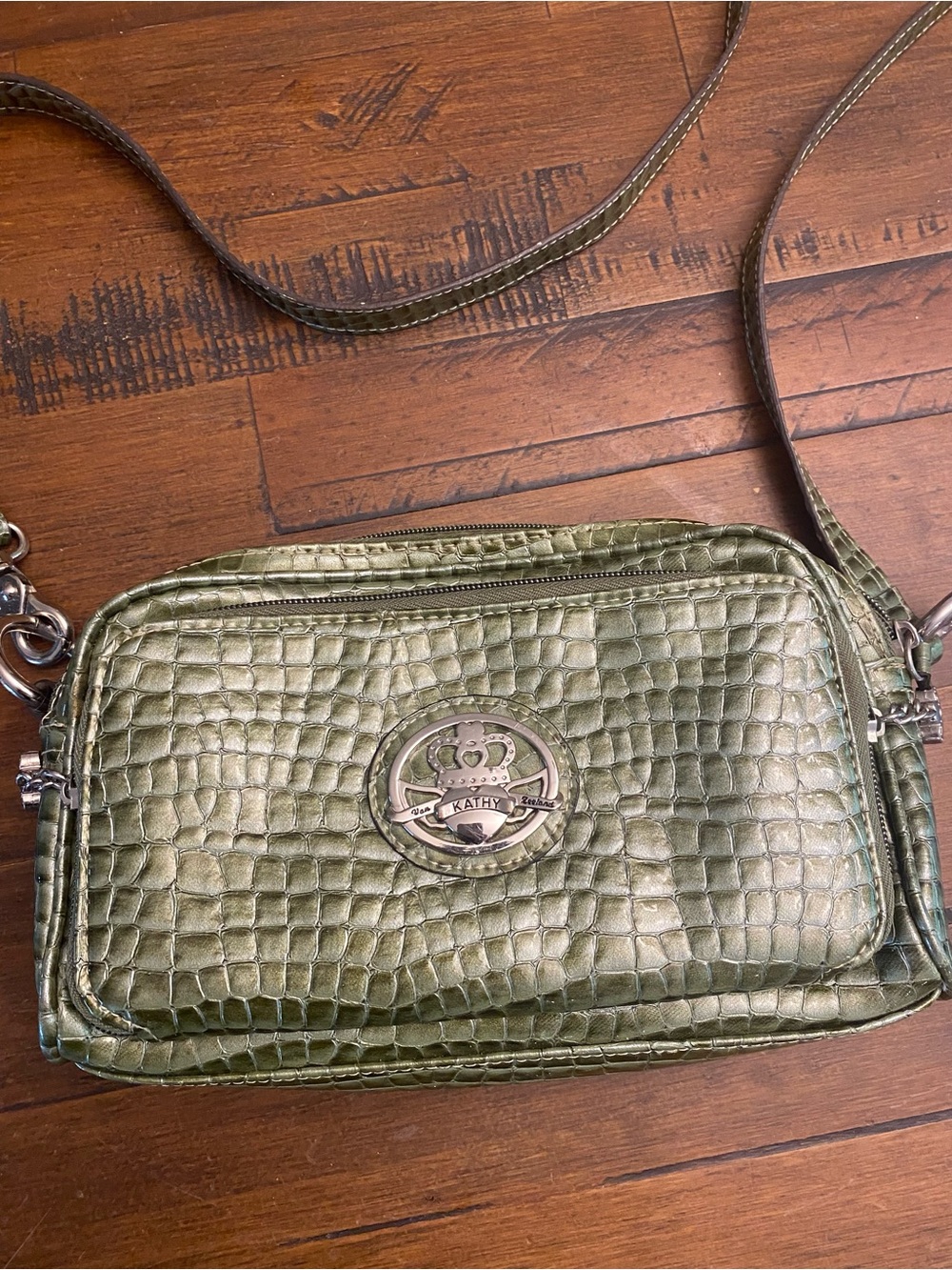 Kathy Van Zeeland Metallic Olive Croc-Embossed Crossbody